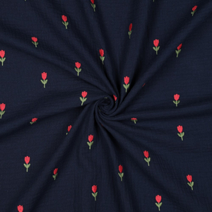Tissu double gaze brodé tulipes - Navy
