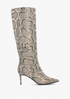 Saffia Beige Leather Reptile Slim Heel Knee Boots