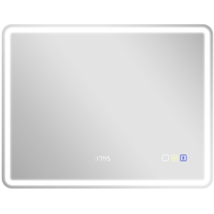 HOMCOM Espejo de Baño con Iluminación LED, Almohadilla Antivaho, 3 Colores Ajustables, Reloj, 700x900 mm, Color Plata