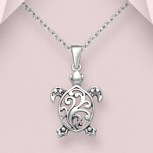 Tempest Cove Silver Oxidised Swirl Turtle Necklace