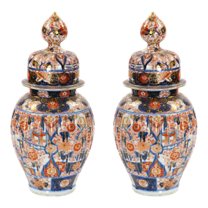 Large Antique Meiji Period Imari Porcelain Lidded Jars Urns