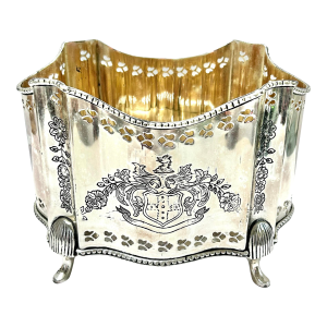 1980s Silver Plated Footed Planter Cachepot with Armorial Pierced Details & Engraved Crest