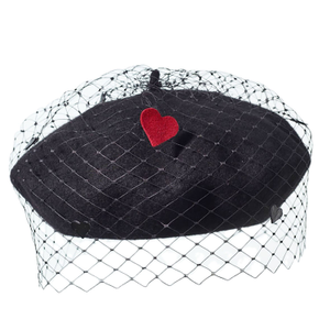 Floe Heart Veiled Beret In Black Wool Knit