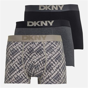 DKNY Mens Oswego Three Pack Boxer Trunks Black/Print/Charcoal