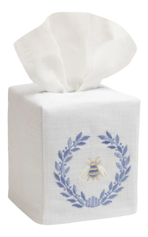 Blue Napoleon Bee Wreath Tissue Box Cover in White Linen & Cotton, Embroidered
