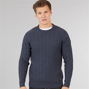 Tokyo Laundry Mens Alonso Crew Neck Cable Knit Jumper Navy
