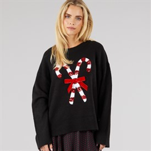Brave Soul Womens Christmas Candy Cane Jumper Black