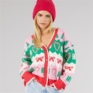 Brave Soul Womens Christmas Joy Jacquard Cardigan Multi