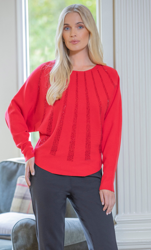 Embellished Batwing Fine Knit Jumper - Crimson