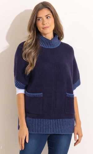 Short Sleeve High Neck Knitted Jumper - Navy/Teal