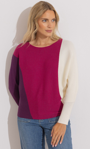 Colour Block Batwing Jumper - Berry/Ivory