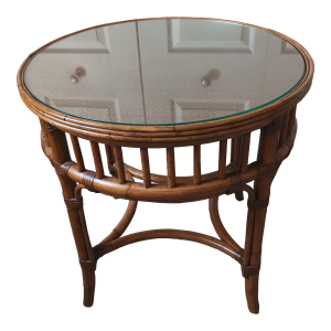 Vintage Ethan Allen Large Chinese Chippendale Round Glass Table Wicker Top Side Table
