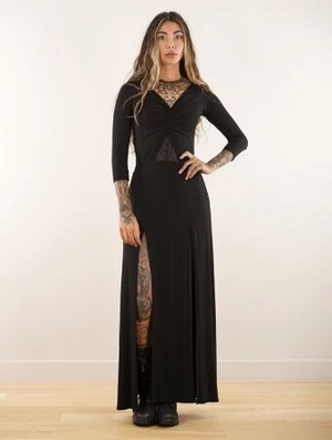 'Robe longue fendue à manches 3/4 "Anfrea", Noir'