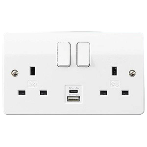 MK Electric K2745WHI Logic Plus White Moulded 2 Gang Double Pole Switched Socket With 1 x USB-A and 1 x USB-C Ports 13A
