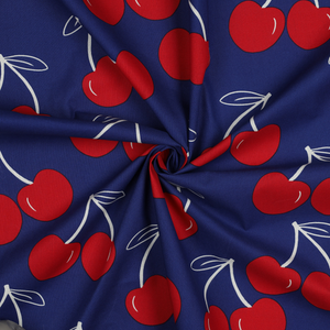 Tissu coton déperlant grosses cerises - Bleu