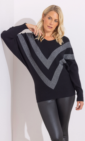 Chevron Batwing Knitted Jumper - Black/Silver