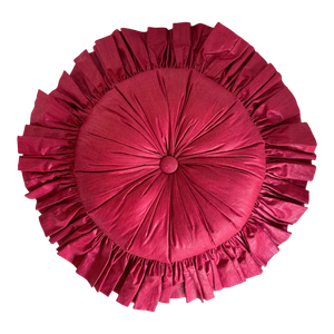 Vintage Round Burgundy Raspberry Ruched Ruffle Decorative Pillow