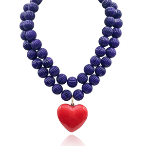 Amour Carved Amethyst Bead Necklace With Coral Resin Heart Pendant