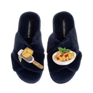 Laines X Juliet Slippers With Parmesan & Pasta Brooches - Navy (M)