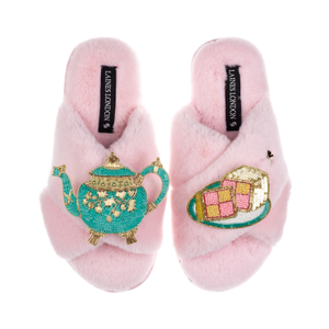 Laines X Juliet Slippers With Tea & Battenberg Cake Brooches - Pink (L)