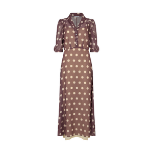 Julia Button Down Polka Dot Print Maxi Dress In Brown (L)