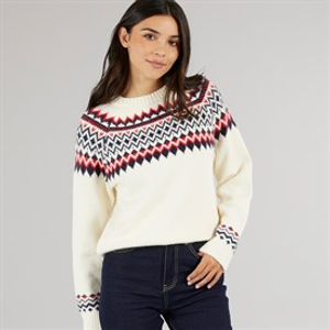 Board Angels Womens Fairisle Crew Neck Sweater Cream/Red/Navy