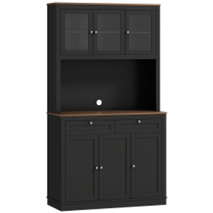 HOMCOM Alacena de Cocina con 3 Puertas de Vidrio Compartimento Abierto 2 Cajones y Estantes Ajustables 100x40x180 cm Negro