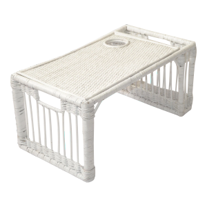 1990s Boho Chic White Handwoven Reed Caning Bamboo Breakfast Bed Tray Table Cup Book Holder