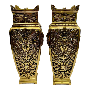 Antique 19th Century Mythological God Reticulated Brass Vases - Set of 2