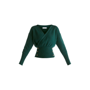 Knitted Wrap Top With Side Buttons In Green (L)