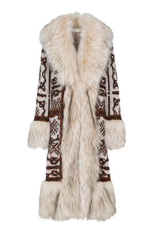 Jacquard Long Coat With Faux Fur Trim Beige Sebastien (S)