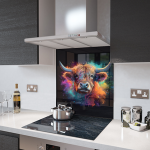 Glass Splashback in Highland Cow On Black - 80cm Wide x 60cm High
