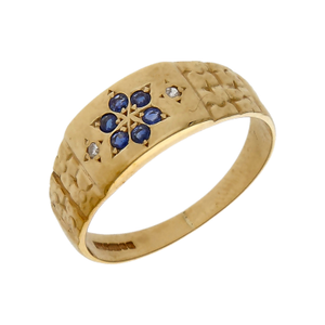 Pre-Owned 9ct Yellow Gold Sapphire & Diamond Flower Signet Ring