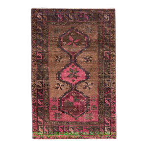 1960s Vintage Distressed Handmade Brown Geometric Wool Rug