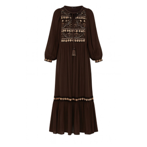 Arianna Chocolate Brown Velvet Embroidered Panel Maxi Dress (L)