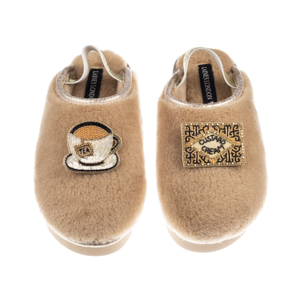 Flatform Cloud Closed Toe Slippers With Tea & Biscuit Brooches - Toffee (M)