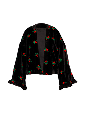 Jolie Black Red Embroidered Velvet Kimono (XS)