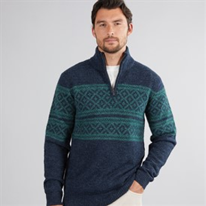 Weird Fish Mens Lawrence Eco 1/4 Zip Fair Isle Jumper Navy