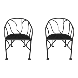 1950s Mid-Century Winterthur ‘Faux Bois’ Rustic Wrought Iron Patio Chairs in Black - Set of 2