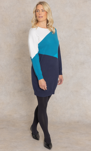 Colour Block Long Sleeve Jumper Dress - Navy/Teal