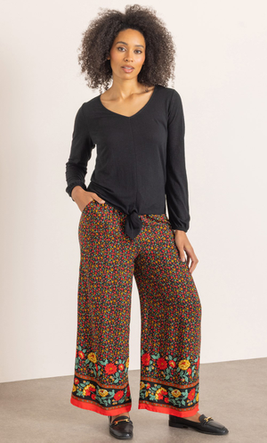 Wide Leg Floral Border Print Trousers - Black/Red