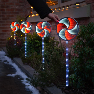 4 Outdoor Candy Cane Lollipop Infinity Mirror Christmas Light Stakes