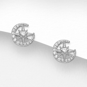 Signature Silver CZ Star Within Moon Stud Earrings