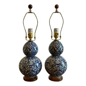 Pair of Ralph Lauren Blue & White Gourd Shape Designer Table Lamps