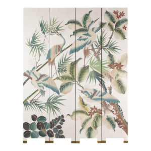 White Lacquer Four-Panel Screen with Hand-Painted Cranes and Foliage