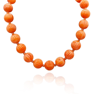 Vicenza Coral Resin Carved Seventeen And Half Inches Melon Bead Necklace