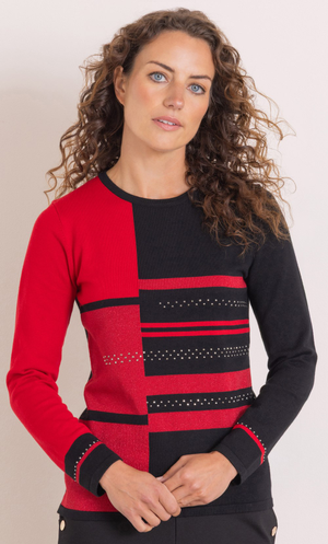 Anna Rose Embellished Colour Block Knitted Top - Red/Black