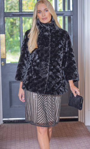 Textured Three Quarter Sleeve Faux Fur Coat - Black