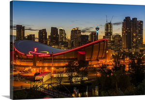 Night view of Saddledome stadium and city skyline, Calgary, Alberta, Canada