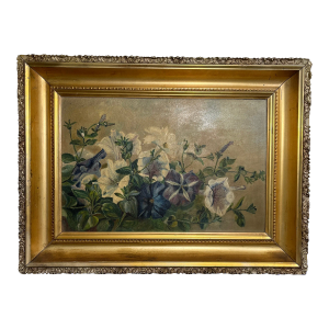 Late 19th Century Framed Antique Oil Painting of Morning Glories